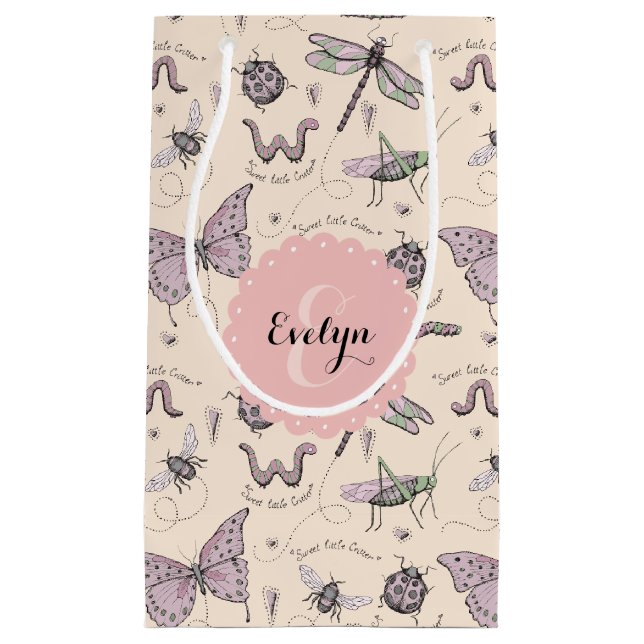 Girly Blush Pink Insects Butterfly Ladybug Small Gift Bag (Front)