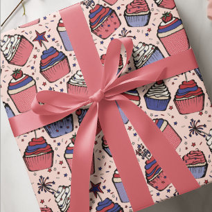 Girly Blush Pink July 4th Patriotic Cupcakes Wrapping Paper