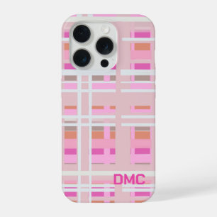 Girly blush pink magenta orange white plaid stripe iPhone 15 pro case