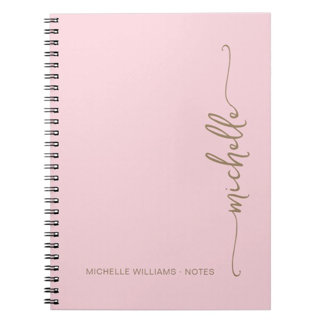 Girly Blush Pink Modern Gold Script Monogram Name  Notebook (Front)