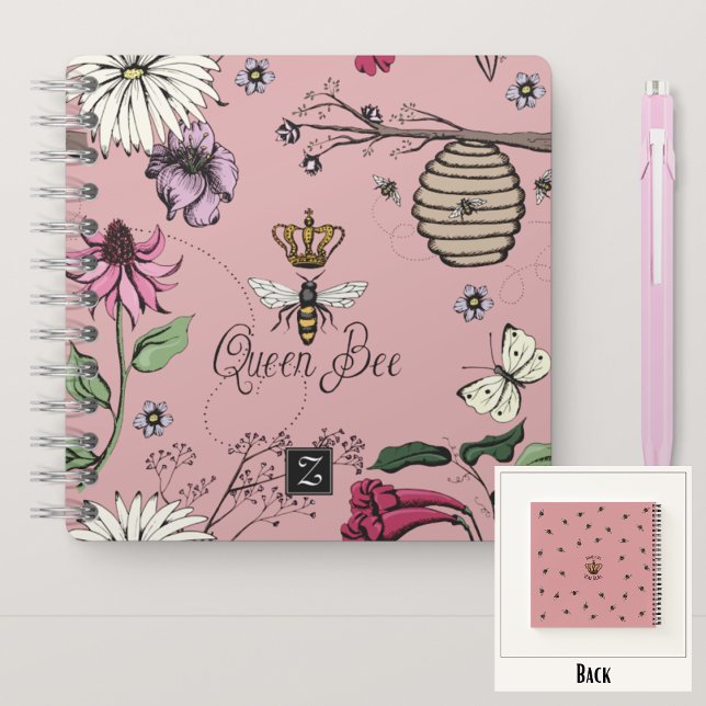 Girly Blush Pink Queen Bee & Crown Floral Monogram Notebook (Royal Queen Bee Hand-Drawn Design & Monogram
On the Back: Pattern & Editable "Mommy You Rule" Text)