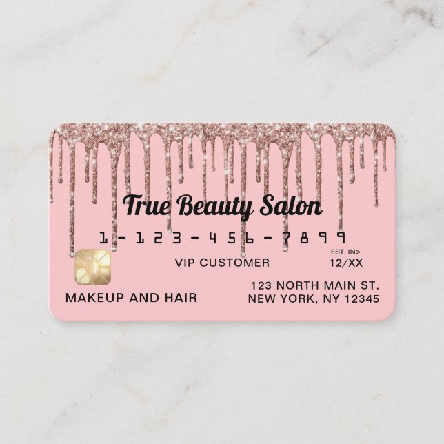 Girly Blush Pink Rose Gold Glitter Drips Credit Business Card (Front)