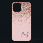 Girly Blush Pink Rose Gold Glitter Monogram iPhone 12 Case<br><div class="desc">Girly Rose Gold - Blush Pink Faux Sparkle and Dripping Glitter Brushed Metal Monogram Name and Initial Phone. This makes the perfect sweet 16 birthday,  wedding,  bridal shower,  anniversary,  baby shower or bachelorette party gift for someone that loves glam luxury and chic styles.</div>