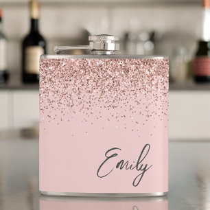 Girly Blush Pink Rose Gold Glitter Monogram Hip Flask