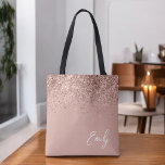 Girly Blush Pink Rose Gold Glitter Monogram Tote Bag<br><div class="desc">Girly Pink Rose Gold and Blush Pink Faux Sparkle and Glitter Elegant Monogram Book Bag. This Book Bag can be customised to include your initial and first name and given as a gift for Christmas,  Sweet 16 Birthday,  Bridal Shower or a Wedding.</div>