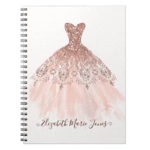 Girly Blush Pink Rose Gold Sparkle Gown Script Notebook