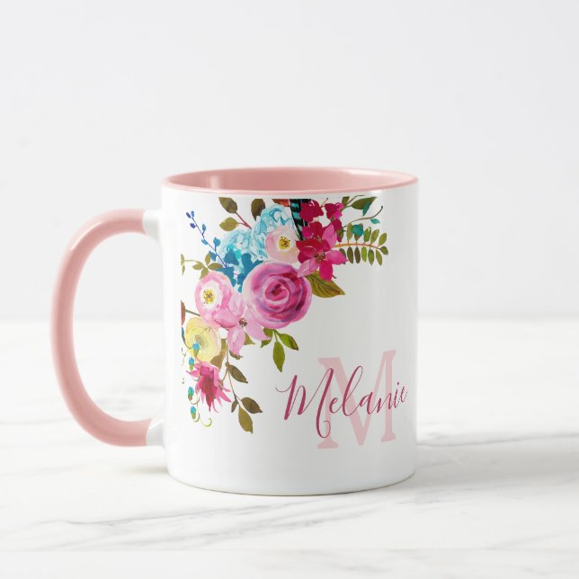 Girly Blush Pink Roses Name Monogram Mug (Left)