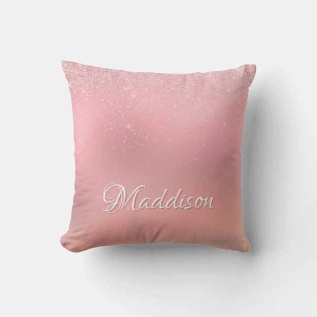 Girly Blush Pink Silver Glitter Personalised Name Cushion (Front)