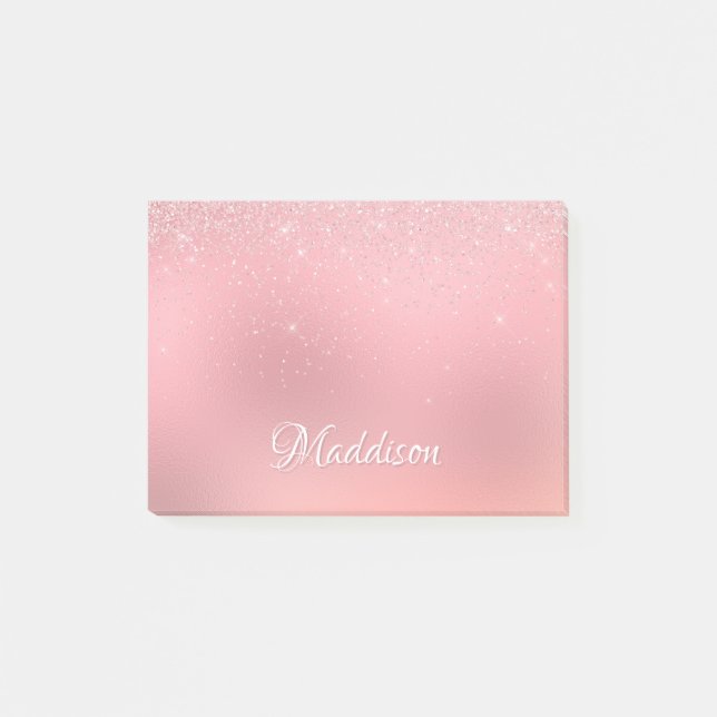Girly Blush Pink Silver Glitter Personalised Name Post-it Notes (Front)