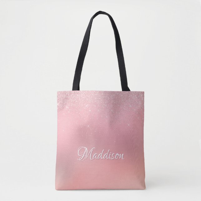 Girly Blush Pink Silver Glitter Personalised Name Tote Bag (Front)