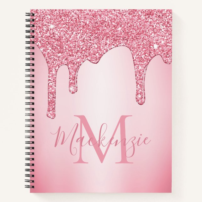 Girly Blush Pink Sparkle Glitter Drips Monogram Notebook (Front)