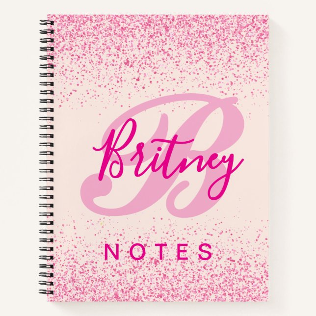 Girly Blush Pink Sparkle Monogram Name Notebook (Front)