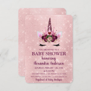 Girly Blush Pink Sparkle Unicorn Baby Shower Invitation
