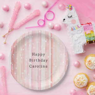 Girly Blush Pink Stripes White Dots Birthday Paper Plate