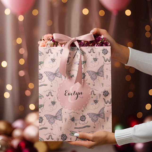 Girly Blush Pink Sweet Little Critter Monogram Medium Gift Bag (Custom Name & Monogram hand-drawn girly insects. Ideal for Baby Showers, Birthdays, New Baby, Favors)