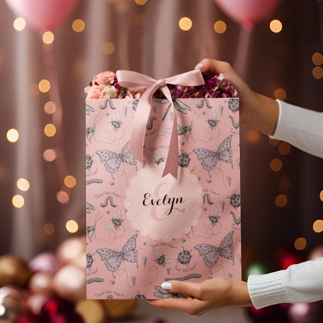 Girly Blush Pink Sweet Little Critter Monogram Medium Gift Bag (Custom Name & Monogram hand-drawn girly insects. Ideal for Baby Showers, Birthdays, New Baby, Favors)