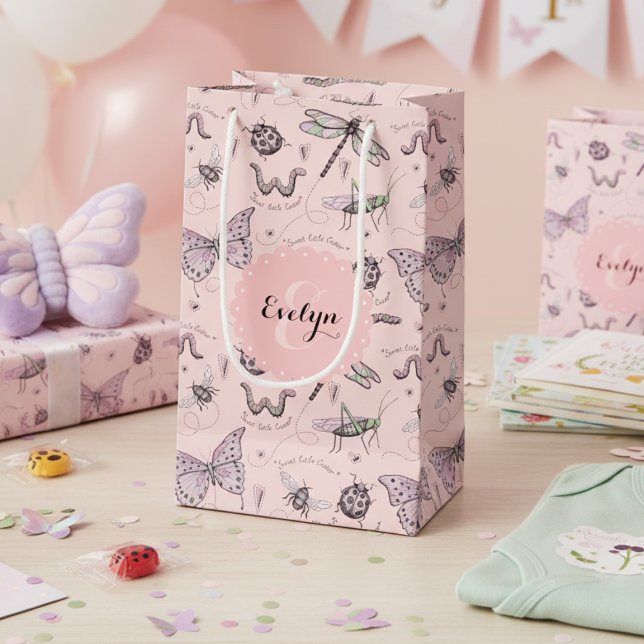 Girly Blush Pink Sweet Little Critter Monogram Small Gift Bag (Whimsical Pink Insect Pattern & Monogram Gift Bag for Kids. Cute Butterflies, Ladybugs, etc. for Her)