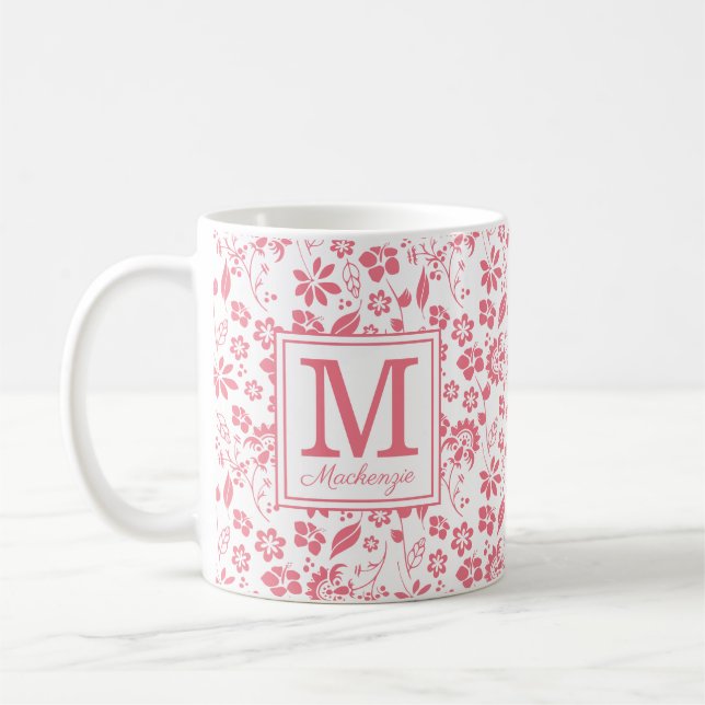 Girly Blush Pink Tropical Flowers Monogram Coffee Mug (Left)