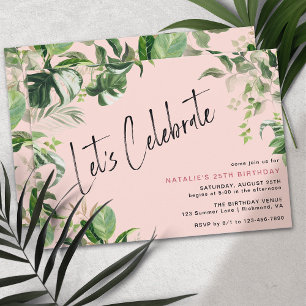 Girly Blush Pink   Tropical Summer Adult Birthday Invitation