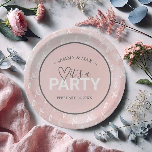 Girly Blush Pink Valentine's Day Table Plates (Valentines party decor personalized paper plates with an xo pattern in white over blush pink.)