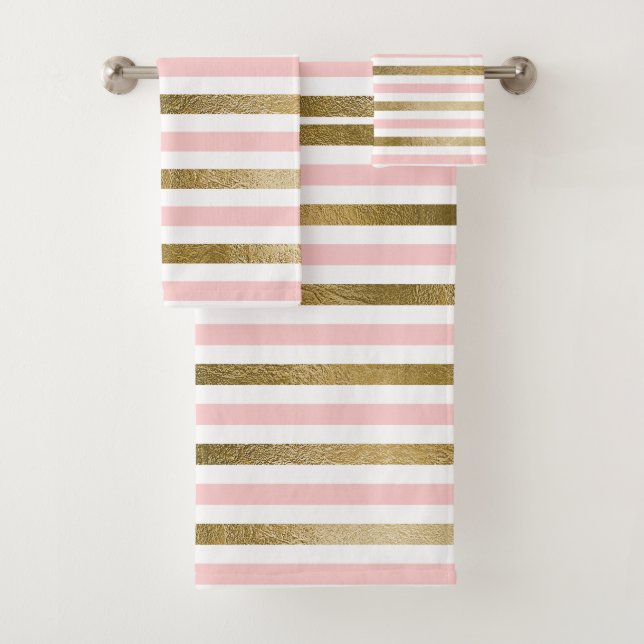 Girly Blush Pink, White and Gold Foil Pattern Bath Towel Set (Insitu)