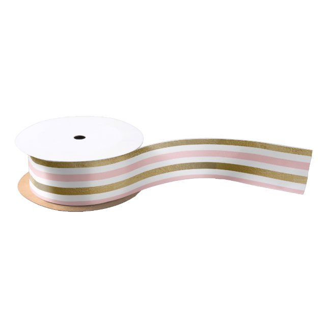 Girly Blush Pink, White and Gold Foil Pattern Satin Ribbon (Spool)
