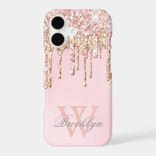 Girly Blush Rose Gold Glitter Drips Monogrammed
