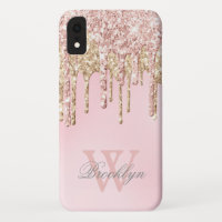 Girly Blush Rose Gold Glitter Drips Monogrammed