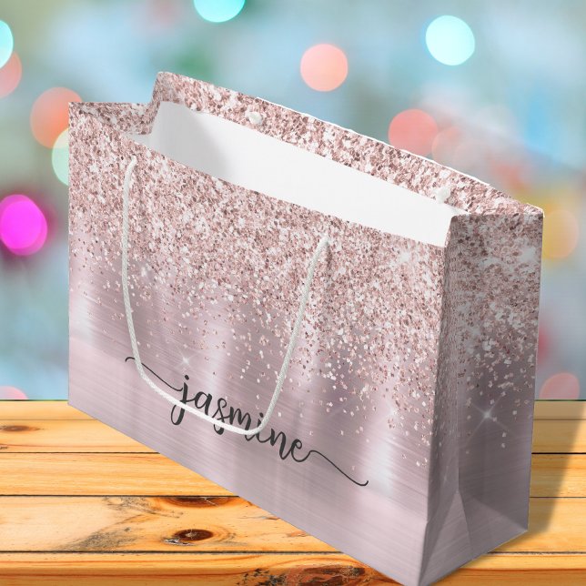 Girly Blush Rose Gold Glitter Monogram Name Script Large Gift Bag (Creator Uploaded)