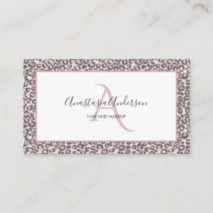 Girly Blush Rose Gold Leopard Spots White Monogram Business Card