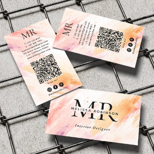 Girly Blush Watercolor Strokes Monogram & QR Code Business Card