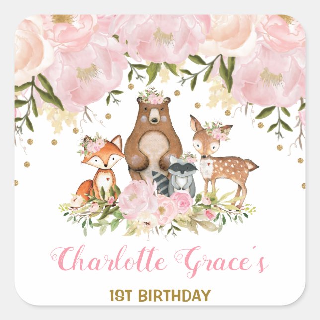 Girly Blush Woodland Birthday Floral Party Favours Square Sticker (Front)