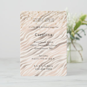 Girly Blush Zebra Gold Confetti Sparkle Birthday Invitation