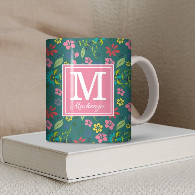 Girly Bohemian Colourful Flowers Teal Monogram Coffee Mug (Girly Bohemian Colorful Flowers Teal and Pink Monogram Coffee Mug)