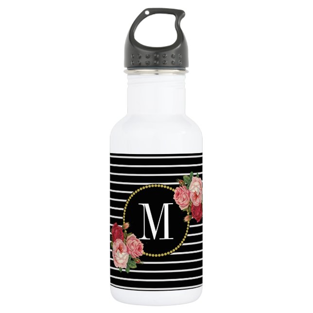 Girly Boho Classy Black Striped Floral Monogram 532 Ml Water Bottle (Front)