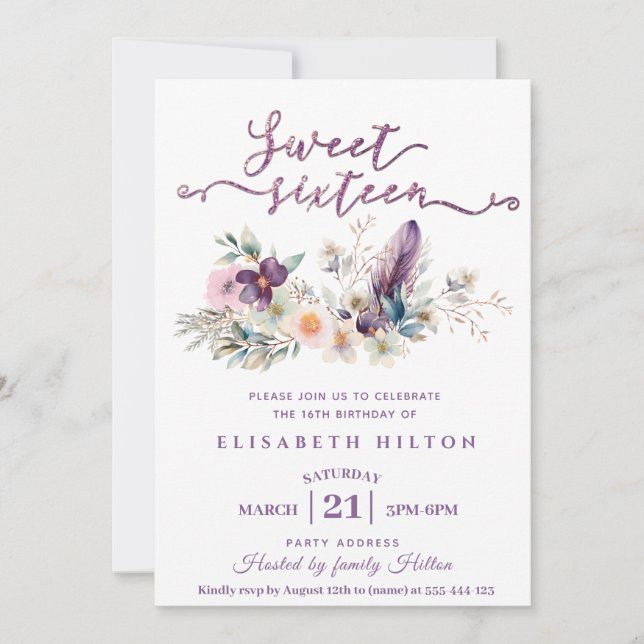 Girly boho floral Glitter typography sweet 16  Invitation (Front)