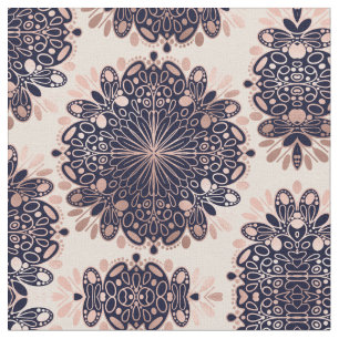 Girly Boho Rose Gold Blush Pink Navy Mandalas Fabric