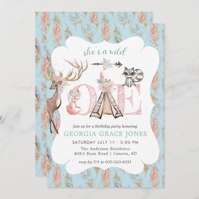 Girly Boho Wild One Birthday Party Invitation (Front/Back)