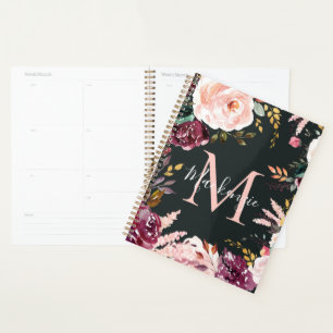 Girly Bold Pink Burgundy Gold Foil Floral Monogram Planner