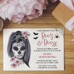 Girly Boo's & Booze Halloween Party Invitation<br><div class="desc">Throwing a halloween party - check out this blood splattered spooky invitation, which features a horror elegant halloween mask, two black bats and a spider with web in the top right corner. The title is in distressed script keeping in theme with halloween "boo's and booze" and a modern template which...</div>