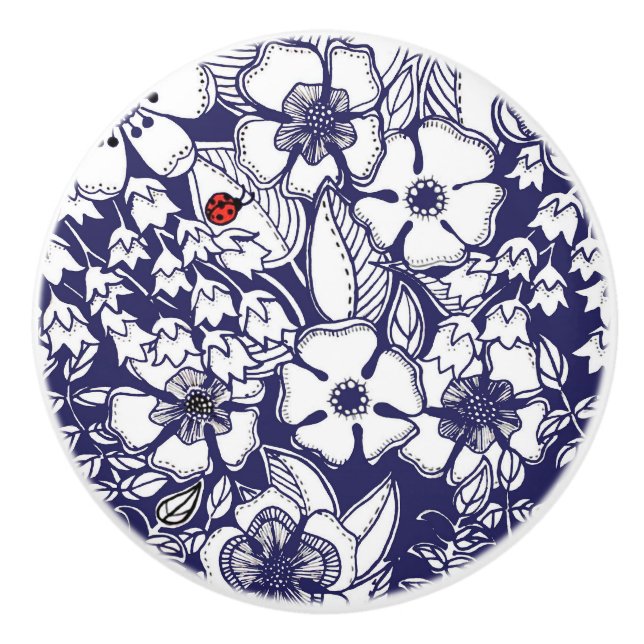 Girly Botanical Shalom Blue White Garden Drawing Ceramic Knob (Front)