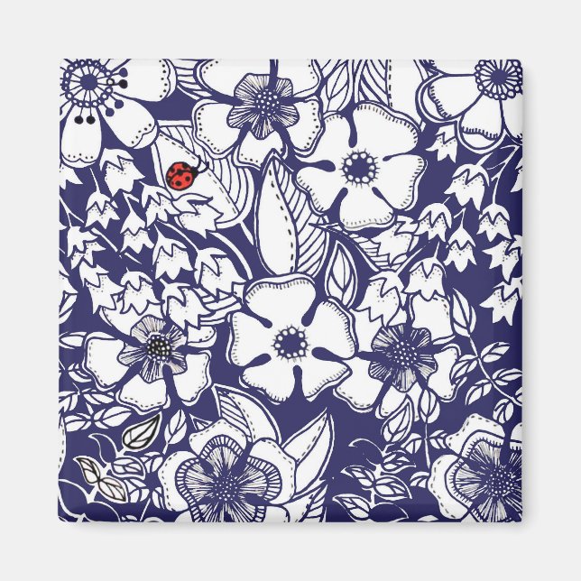 Girly Botanical Shalom Blue White Garden Drawing Magnet (Front)