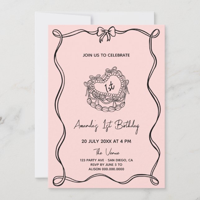  Girly Bow First Birthday Invitation (Front)