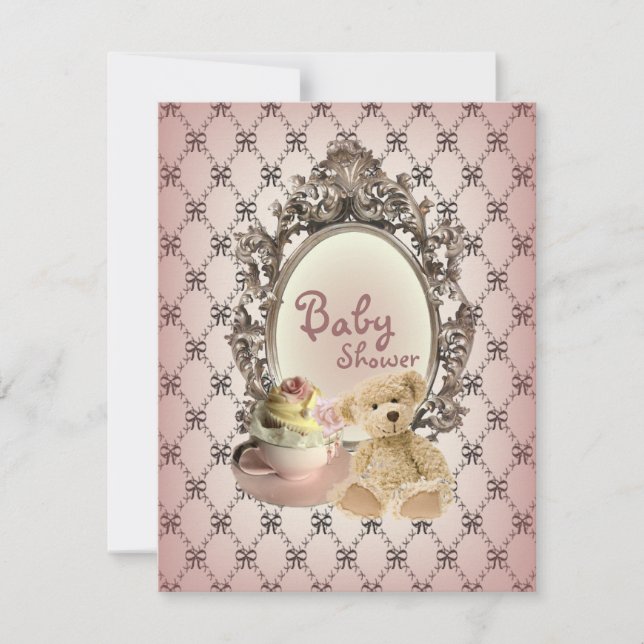 girly bows teddy bear baby shower invitations (Front)