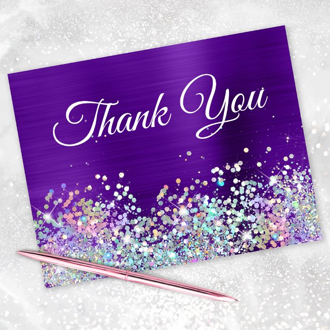 Girly Bright Indigo Purple Foil Holo Glitter Thank You Card (Creator Uploaded)