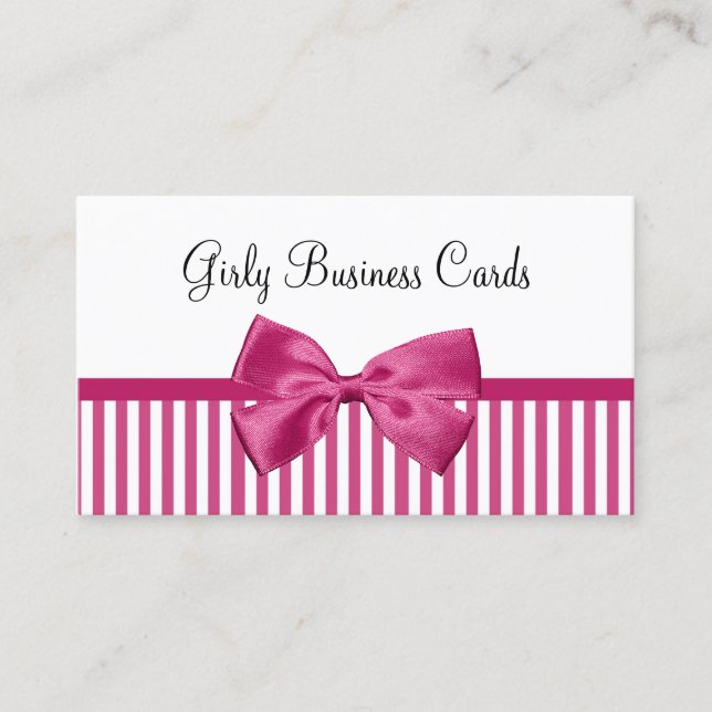 Girly Bright Pink and White Stripes Cute Pink Bow Business Card (Front)