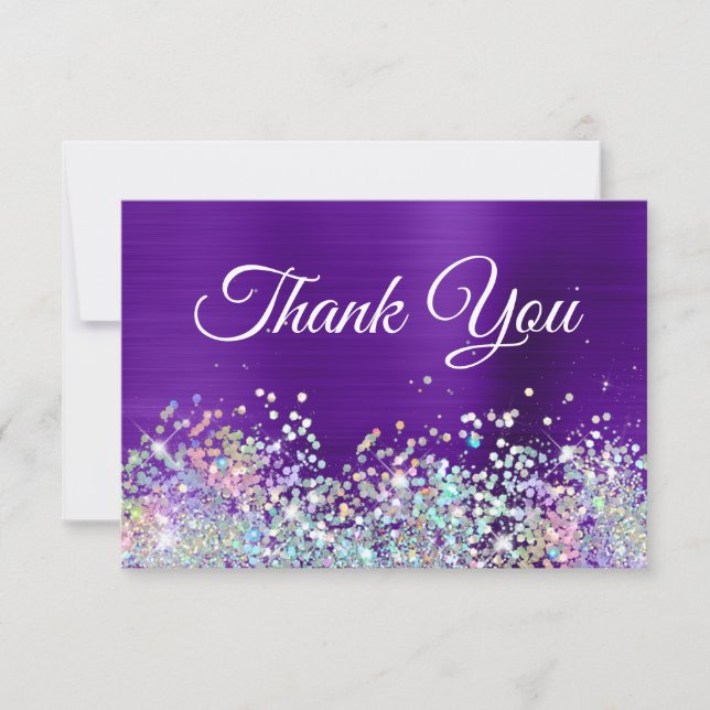 Girly Bright Purple Indigo Foil Holo Glitter Thank You Card (Front)
