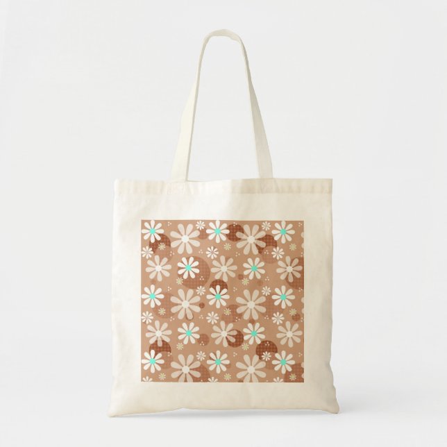 Girly Brown Daisy Flower Pattern Cute Aqua Dots Tote Bag (Front)