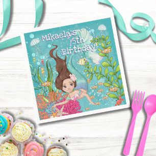 Girly Brunette Mermaid Under the Sea Birthday Napkin