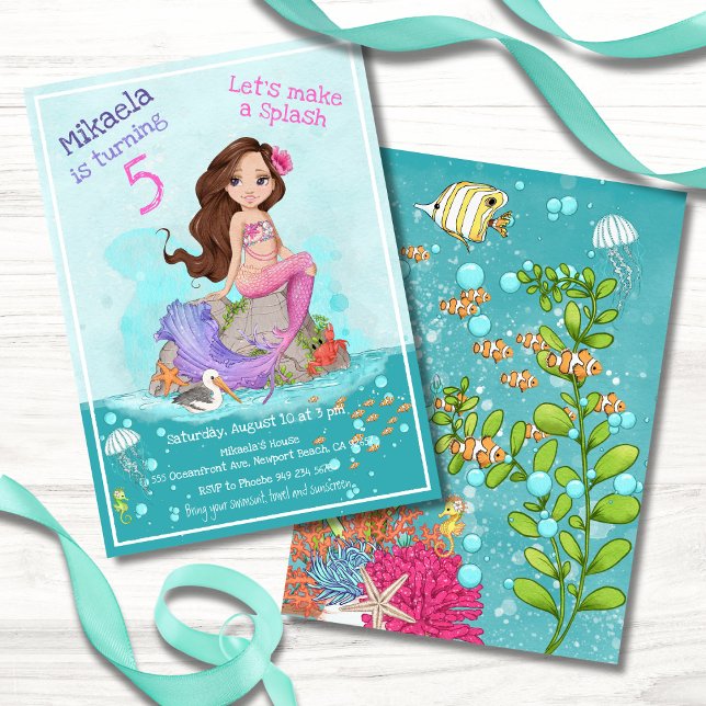 Girly Brunette Pink Mermaid Birthday Party Invitation (Creator Uploaded)